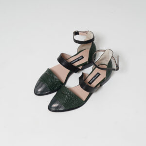 dark green croc sandals metallic grey detail ankle strap