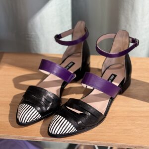 black leather sandals striped toe purple strap ankle handmade